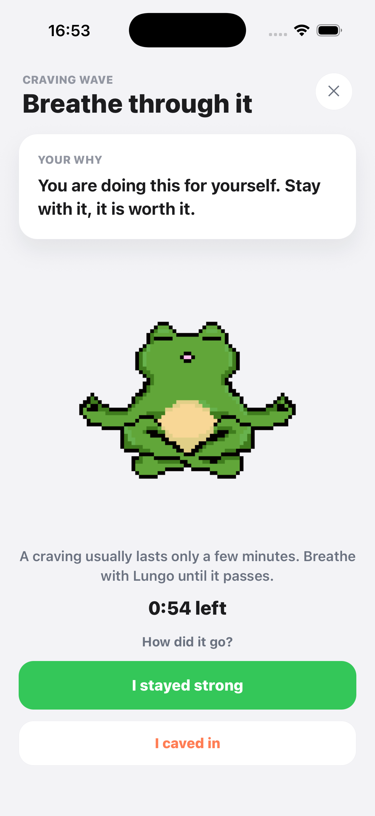 Lungo craving exercise with a guided breathing timer