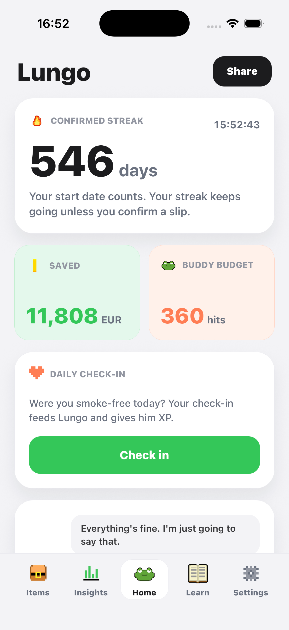 Lungo home screen showing a 546-day smoke-free streak, savings and daily check-in