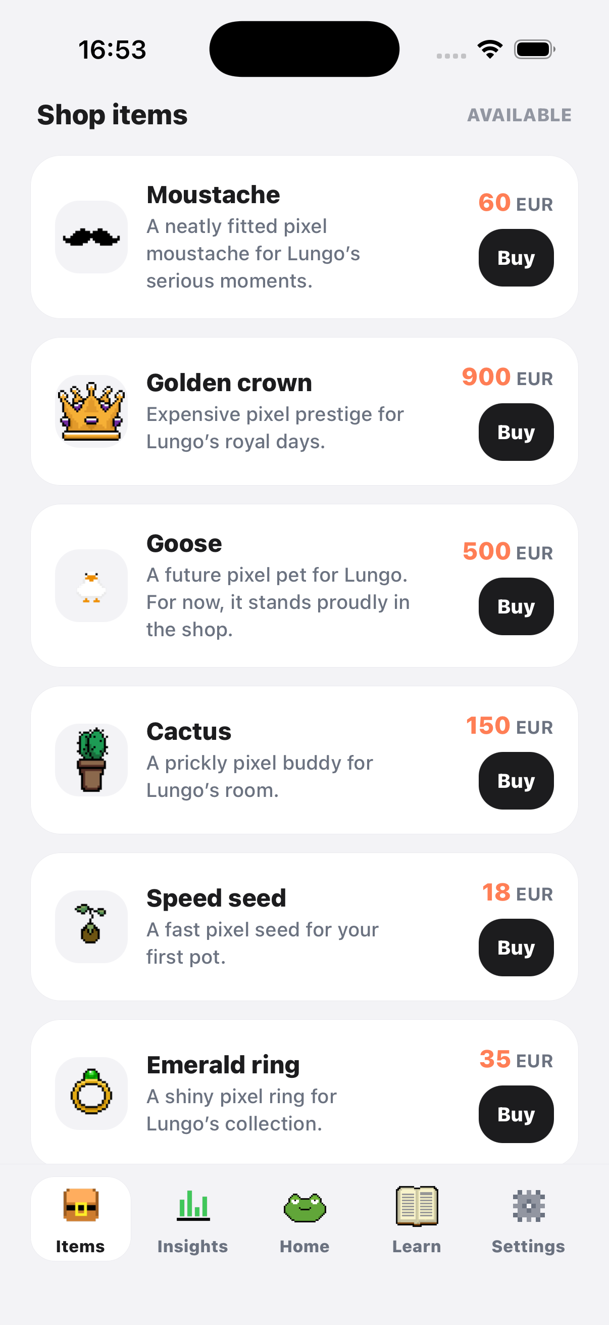 Lungo wearing a cowboy hat, showing how earned items customise the pixel frog