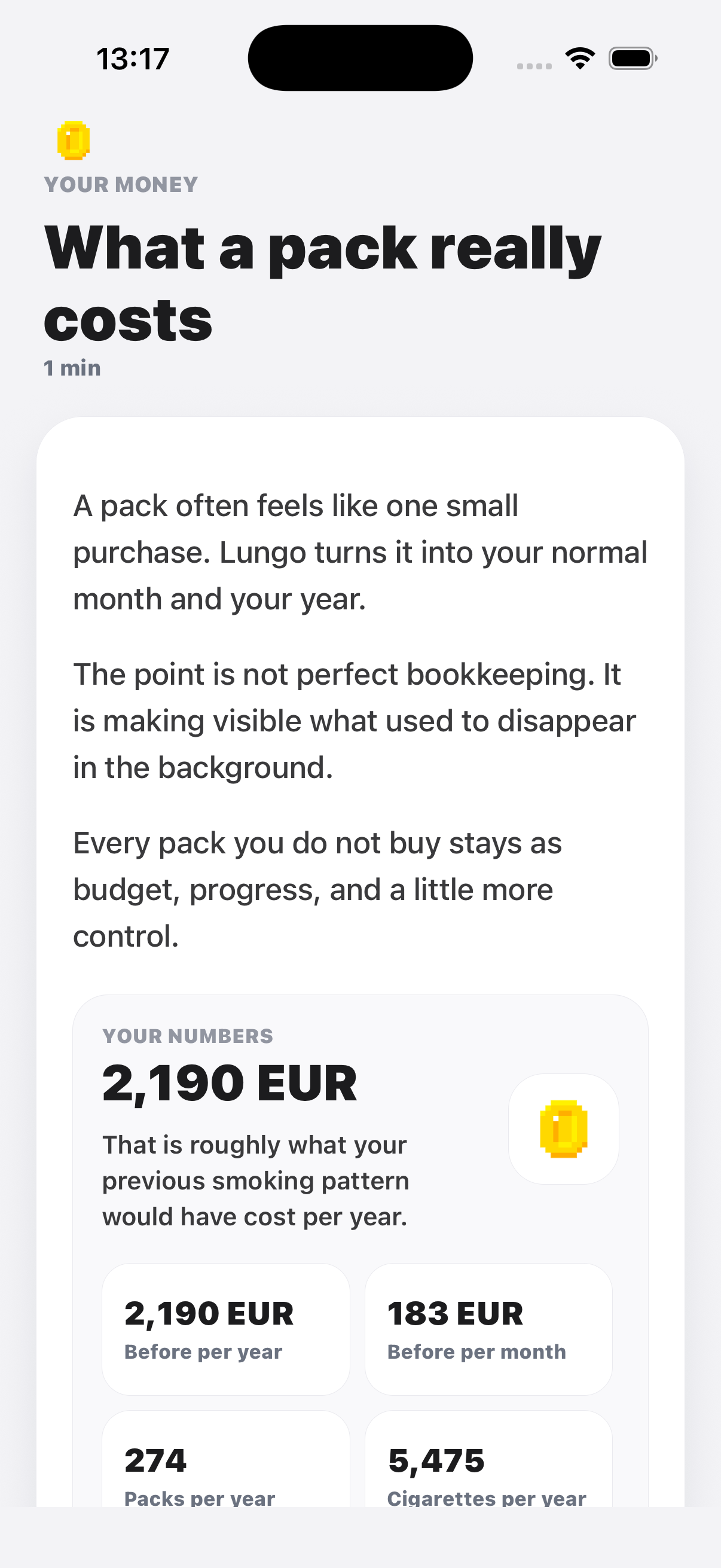 A Lungo learning article explaining the monthly and yearly cost of smoking