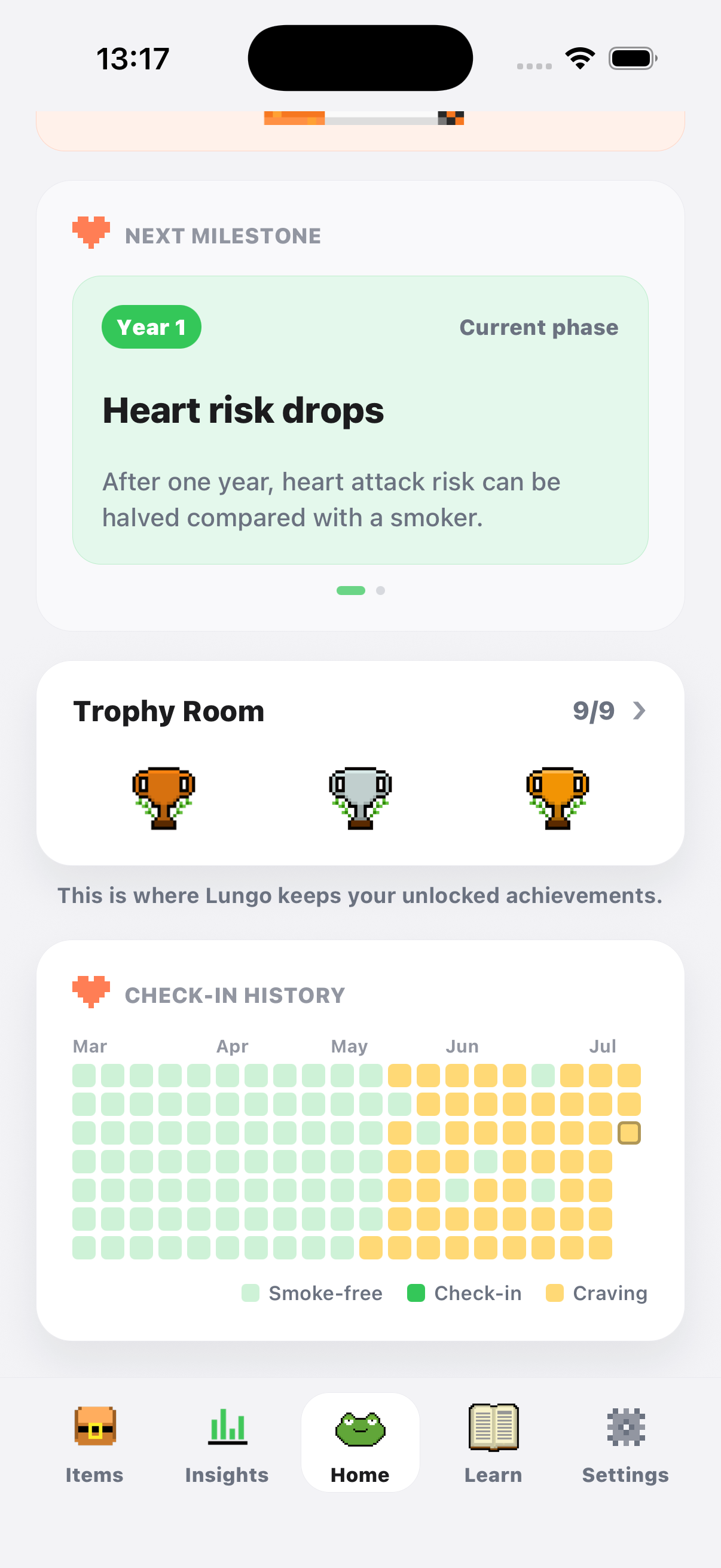 Lungo progress screen showing a health milestone, trophies and check-in history